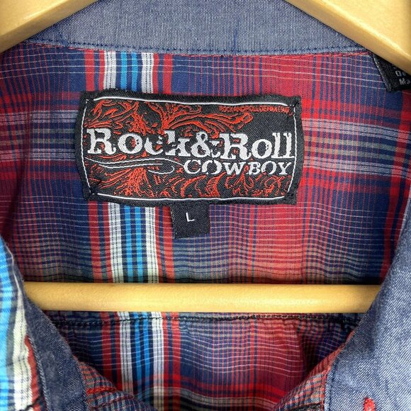 Rock & Roll Cowboy Shirt Mens Large Pearl Snap Long Sleeve Plaid Red Western - Picture 2 of 4
